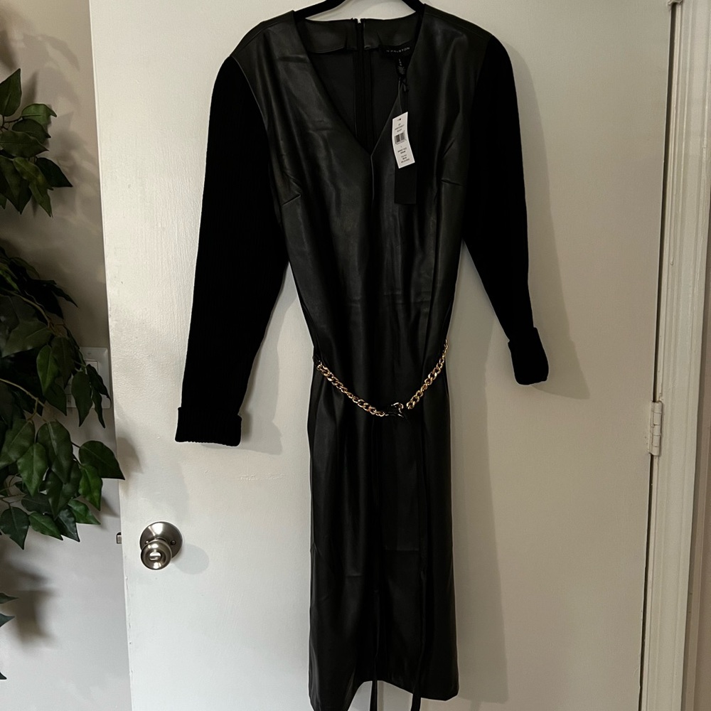 Faux leather sheath dress with gold chain belt fabric sleeves